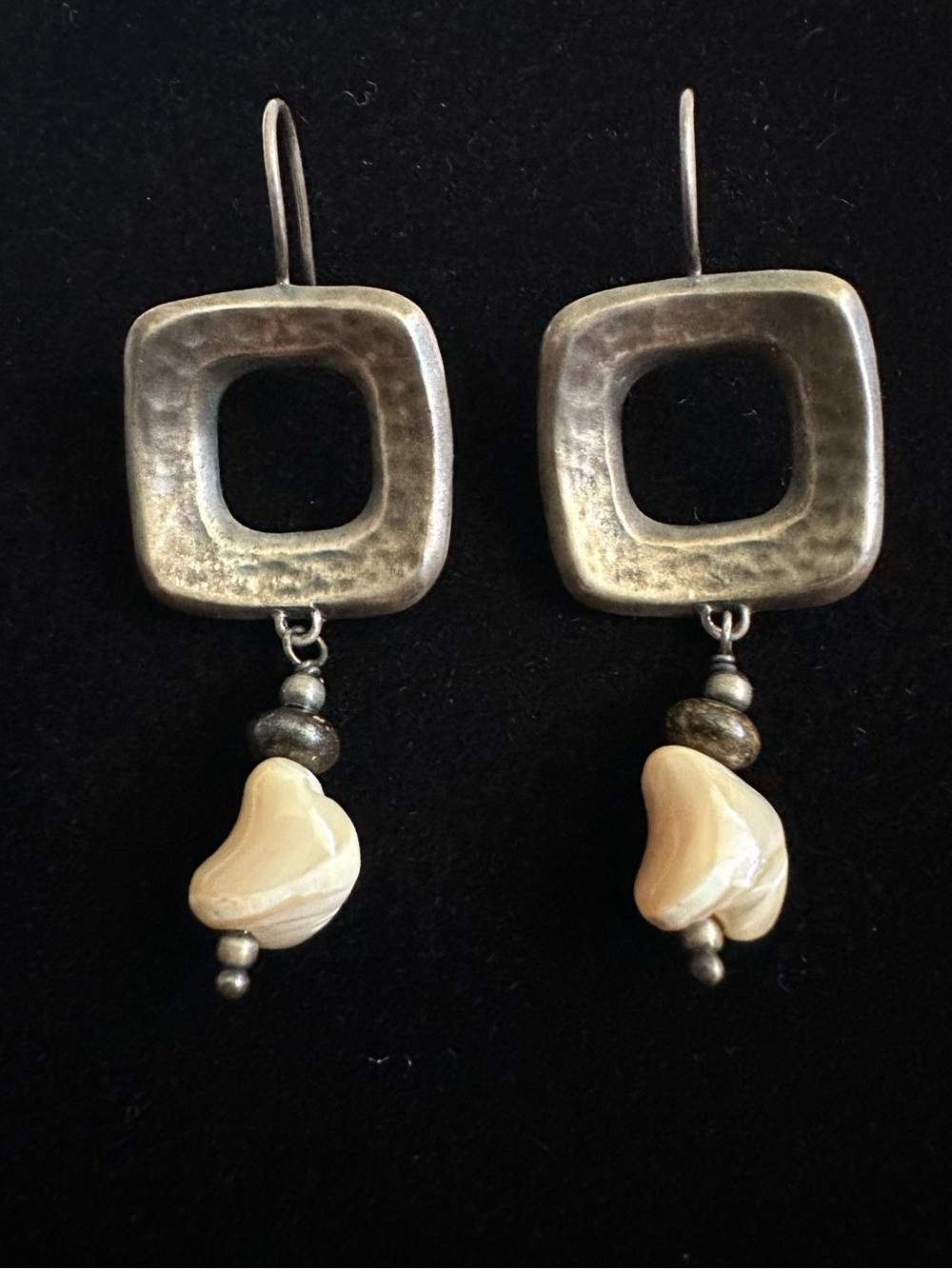 Silpada 925 Silver Square Hoop Earrings with Mother of pearl shell drops EUC
